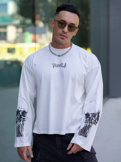 YOUNGLA new men's fashion long sleeve T-shirt cotton round neck gym sports fitness training base shirt