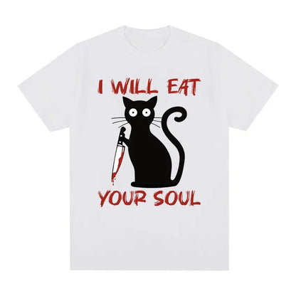 I Will Eat Your Soul Black Cat Horror Blood with Knife Funny Meme T Shirt Men Women Retro Harajuku Oversized Cotton Tshirts Tops