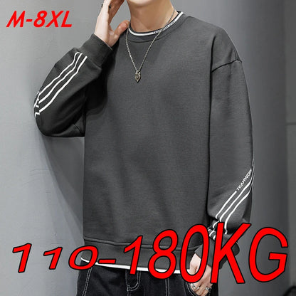 Large Size Sweater M-8XL Winter Solid Color Striped Simple Casual Warm Round Neck High-quality Sweater 50kg-150kg Can Be Worn