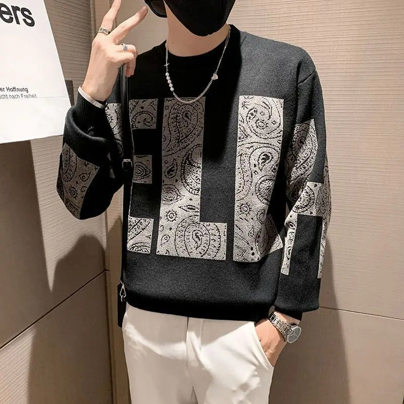 Man Clothes Letter Knitted Sweaters for Men Pullovers Black Round Collar Graphic Crewneck Fashion 2024 Korean Warm Y2k Vintage X