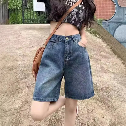 Korean Style Simplewashingdenim Women's High-Waisted Slimming Straight-Leg Wide-Leg Mid-Length Trendy Shorts Summer