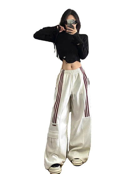 MEXZT Oversized Striped Sweatpants Women Y2K Streetwear Cargo Pants Harajuku Wide Leg Joggers High Waist Baggy Sports Trousers