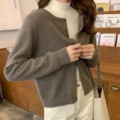 Korean Round Neck Knitted Cardigan Women Autumn Winter Simple Single Breasted Sweaters Woman Solid Color Long Sleeve Cardigans