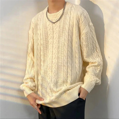 New Men's Sweater Loose-Fit Round Neck Casual Knitted Top Trendy Brand Autumn Winter Vintage Hong Kong Style Cozy Pullover