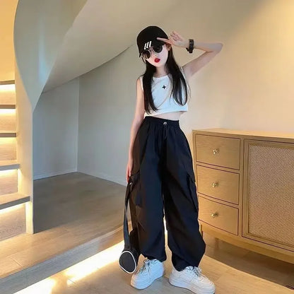 Girl Pants Kids Clothes Hip Hop Joggers Cool Cargo Clothes Teenage Straight Trousers High Waist Vintage Casual Streetwear Baggy