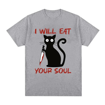 I Will Eat Your Soul Black Cat Horror Blood with Knife Funny Meme T Shirt Men Women Retro Harajuku Oversized Cotton Tshirts Tops