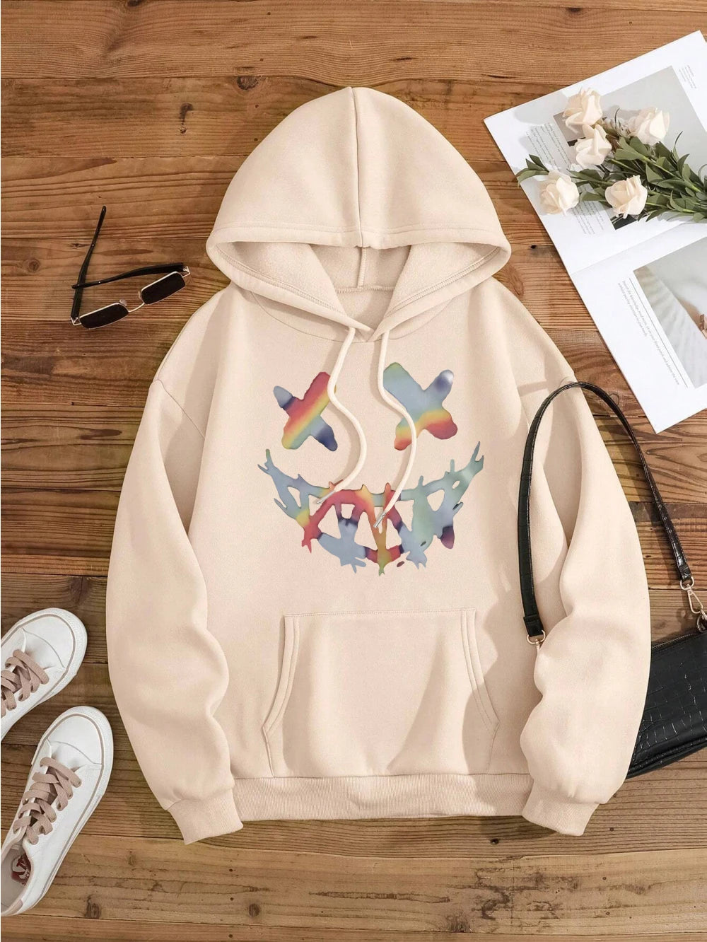 Street Rainbow Ghost Face Smile Men Hoody Harajuku Loose Sweatshirt Fashion Fleece Warm Hoodie Vintage Autumn Crewneck Hooded