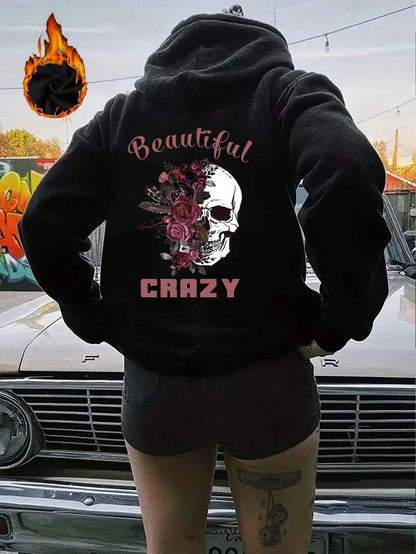 Beautiful Crazy Skull And Flowers Printed Hoodies Street Women Sweatshirts Fleece Warm Pullover Crewneck Loose Female Clothes