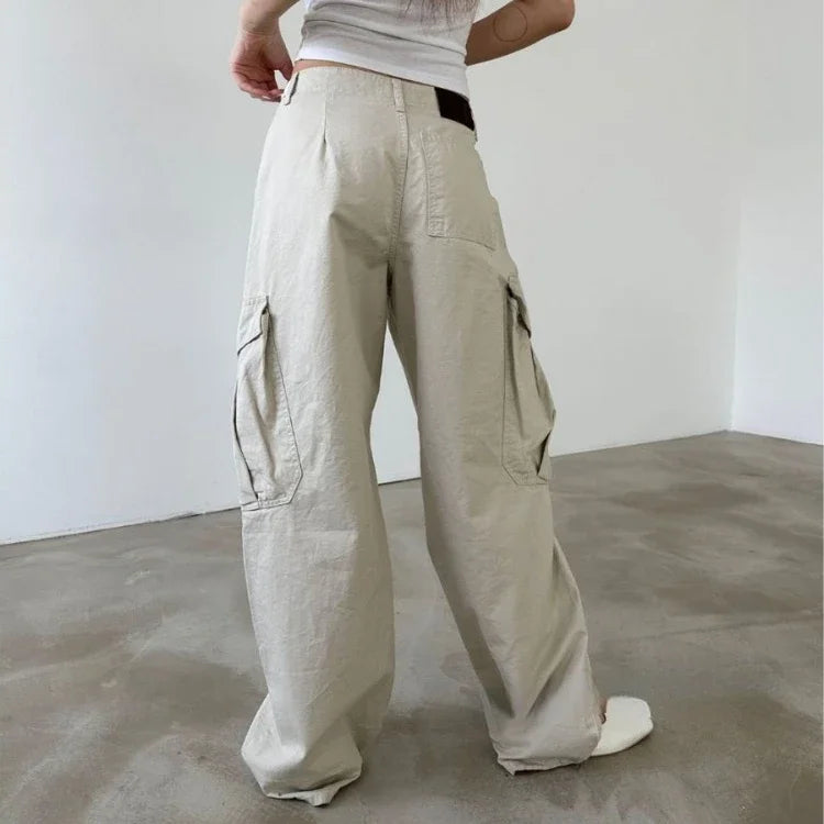 Multiple Pockets Straight Trousers Women 2025 Summer Loose Thin Cargo Pants Y2k Grunge High Waist Casual Wide Leg