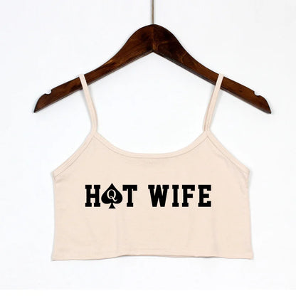 New Fashion Sexy Crop Top HOT WIFE Letters Print Summer Women's Sexy Elastic Cotton Camis Sleeveless Short Tank Top Bar Women