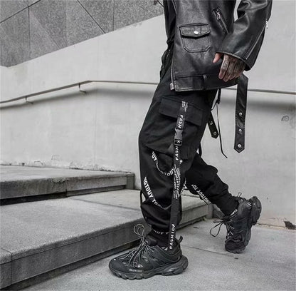 Black Cargo Pants Men Joggers Cargo Trousers for Men Jogging Japanese Streetwear Hip Hop Hippie Techwear Gothic Ribbon Pants