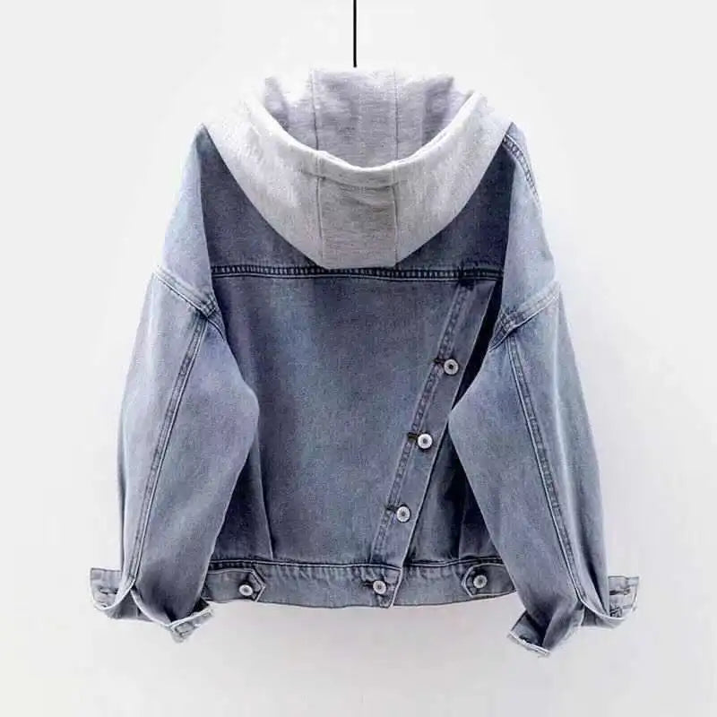 Women Denim Coat Spring Autumn Long Sleeves Hooded Jacket Korean Big Pockets Jean Jacket for Women Fashion Single-breasted Tops