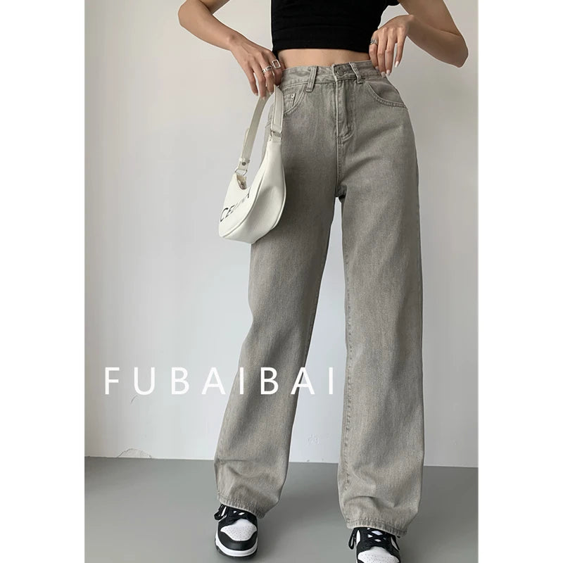 Grey Womens Jeans High Waist Vintage Straight Baggy Denim Pants Streetwear American Style Fashion Casual Wide Leg Denim Trouser