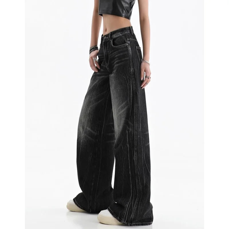 Y2K Black Women's Jeans Fashion Streetwear Casual Vintage Baggy Straight 2024 NEW Printing Denim Trouser Mom Wide Leg Pants