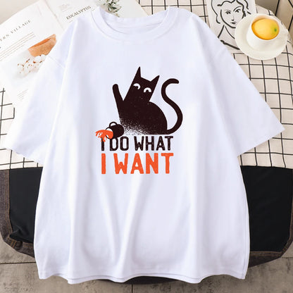 Funny Black Cat Anime I Do What I Want Mans Tops Oversize Trend Tee Clothing Creativity Casual Cotton T-Shirts Men Short Sleeve