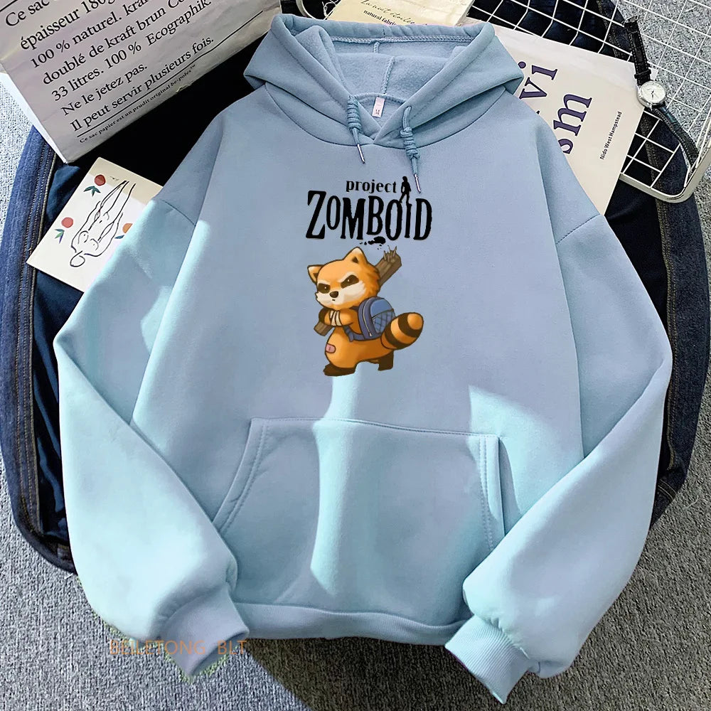 Game Project Zomboid Spiffo Raccoon Hoodies Long Sleeve Women/Men Winter Sweatshirts Kawaii Cartoon Graphic Printing Hoody Cute