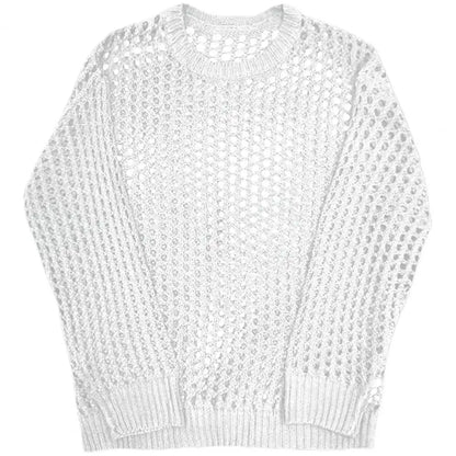 Mesh Fishnet Men Hollow Top Solid Color Round Neck Loose Long Sleeve Men T-shirt Hip Hop See-through Elastic Pullover Party Top