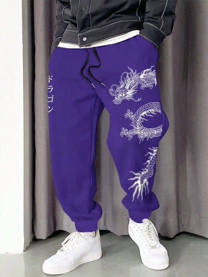 2024 Fashionable Men's Dragon Pattern Printed Comfortable Fleece Drawstring Waist Versatile Spring and Autumn Sports Pants S-3XL