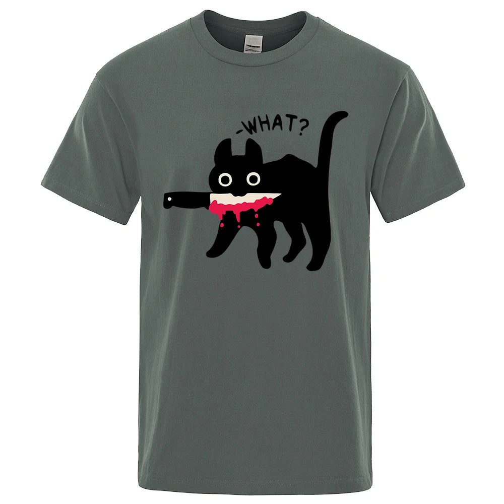 The Killer Cat With A Knife In Its Mouth Tshirts Men Women Summer Cotton Half Sleeve Oversized Loose Cotton Street Tee Shirt