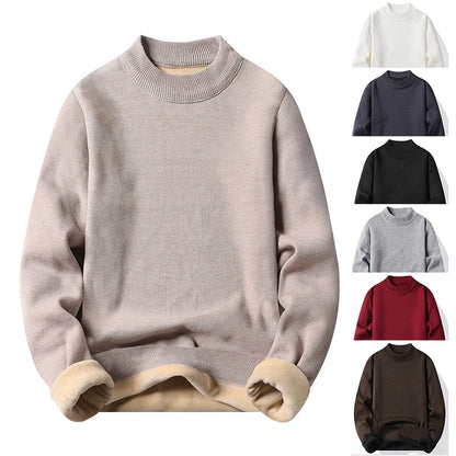 Winter New Men's Knitted Sweater with A Half High Collar Solid Color Plush and Warm Knitted Lining Top  Casual and Versatile Top