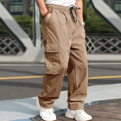 Casual Streetwear Pants Solid Color Cargo Pants Drawstring Design Multi Pocket Loose Baggy Pants for Men's Workwear Trousers