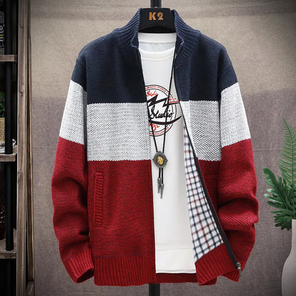 2025 Winter Men Sweater Add Velvet Cardigan Patchwork Color Stand Collar Male Casual Zipper Knitted Thick Warm Sweatercoat