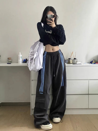 MEXZT Oversized Striped Sweatpants Women Y2K Streetwear Cargo Pants Harajuku Wide Leg Joggers High Waist Baggy Sports Trousers