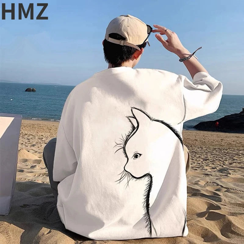 HMZ Summer T-shirt Men Oversized Cartoon Cat Print Tees High Street Unisex Top T shirts Loose Cotton T-shirt Men Daily Clothing