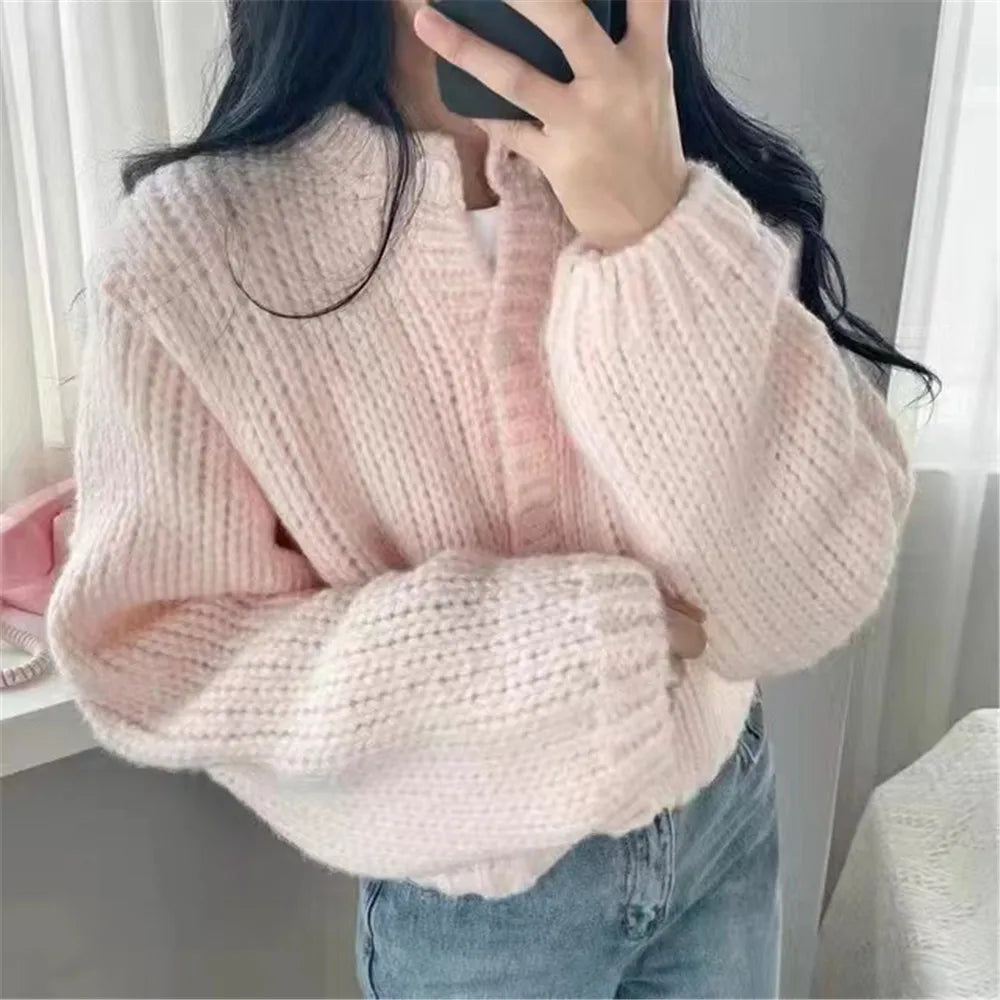 2023 Autumn Winter Outerwear Korean Preppy Style Cardigan Sweater Ladies White Candy Color Fashion Soft Knit Jacket Women's