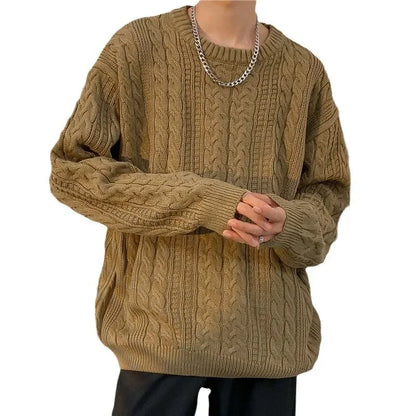 New Men's Sweater Loose-Fit Round Neck Casual Knitted Top Trendy Brand Autumn Winter Vintage Hong Kong Style Cozy Pullover