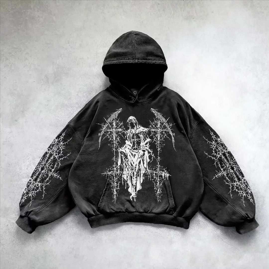 Vintage Distressed and Washed Black Classic Hoodies Casual Oversizeds Printed Pattern Sweatshirts Men Gothic Anime Hoodies