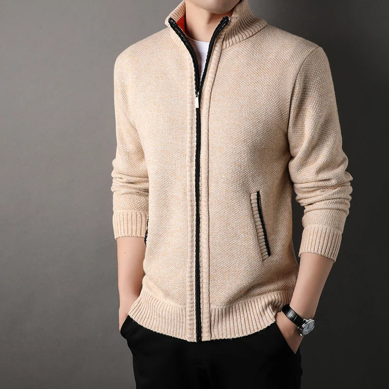 Men's Stand-up Collar Knit Sweater Autumn Winter New Cardigan Tops Korean Slim Solid Color Sweatercoat Jacket