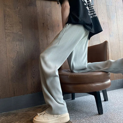 Summer Casual Pants Men Black Gray Ice Silk Pants Men Japanese Streetwear Hip-hop Loose Straight Trousers Mens Pleated Pants