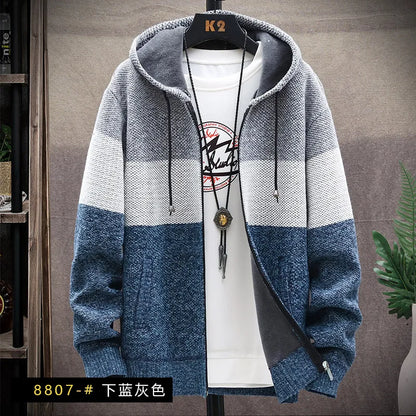 2025 Winter Men Sweater Add Velvet Cardigan Patchwork Color Stand Collar Male Casual Zipper Knitted Thick Warm Sweatercoat