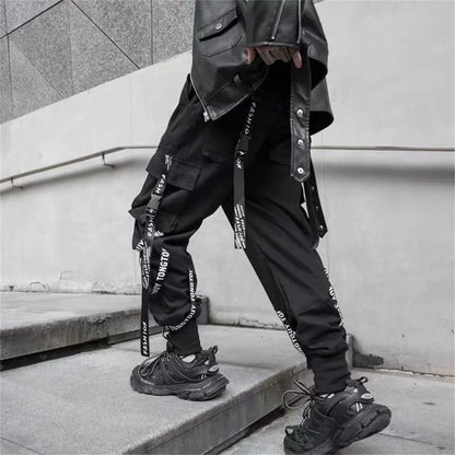 Black Cargo Pants Men Joggers Cargo Trousers for Men Jogging Japanese Streetwear Hip Hop Hippie Techwear Gothic Ribbon Pants