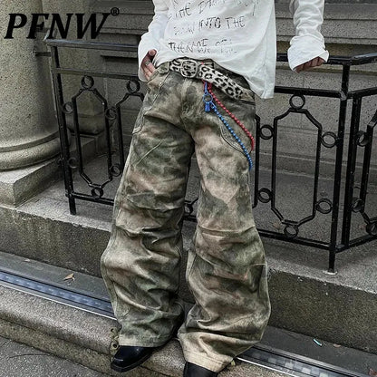 PFNW American Pleated Camouflage Straight Cargo Pants For Men Niche Vintage Loose Wide Leg Pants High Street Trousers 12C1807