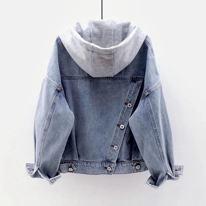 Women Denim Coat Spring Autumn Long Sleeves Hooded Jacket Korean Big Pockets Jean Jacket for Women Fashion Single-breasted Tops