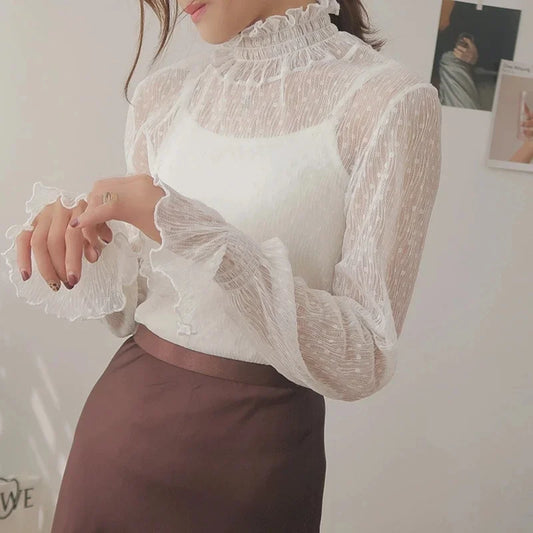 New Transparent Korean Loose Women Lace Blouse 15 Colors Female Bottoming Blouses S-3XL Size Cheaper Tops Kawaii T Shirt