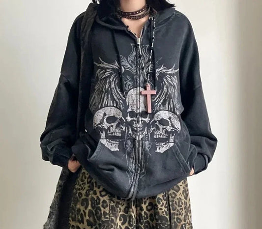 Dark Y2K Gothic style autumn and winter American retro skull print zipper hoodie couple sweater hooded coat