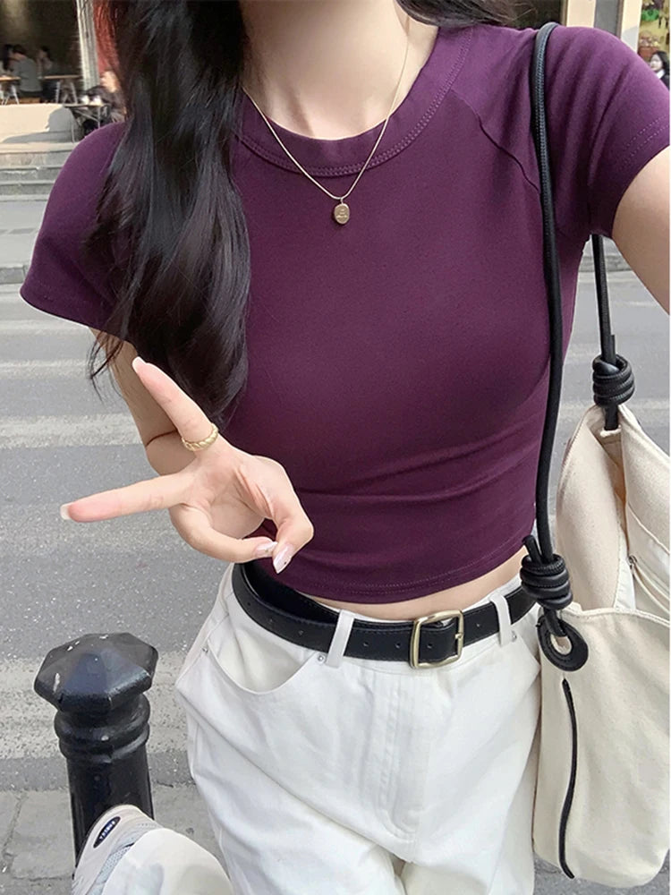 AOSSVIAO 2025 Sexy O Neck Slim T Shirt Women Cotton Elastic Basic Solid Female Casual Korean Tops Short Sleeve Thin T-shirts