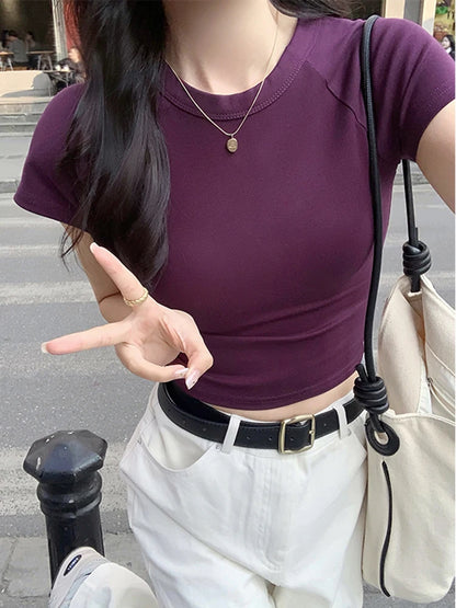 AOSSVIAO 2025 Sexy O Neck Slim T Shirt Women Cotton Elastic Basic Solid Female Casual Korean Tops Short Sleeve Thin T-shirts