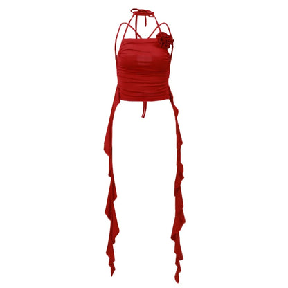 WhereMery Sexy Y2k Sexy Red Crop Tops for Women 2024 Summer New Fashion 3d Floral Sleeveless Applique Ruffle Fringed Halter Top