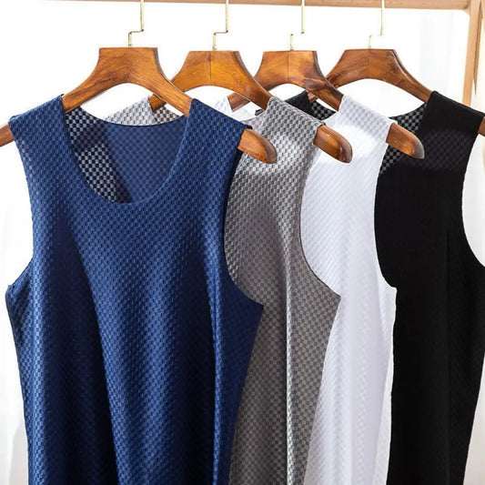 V-neck Sleeveless Men Vest Grid Texture Thin Elastic Solid Color Ice Silk Seamless Fitness Gym Workout Undershirt Sportwear