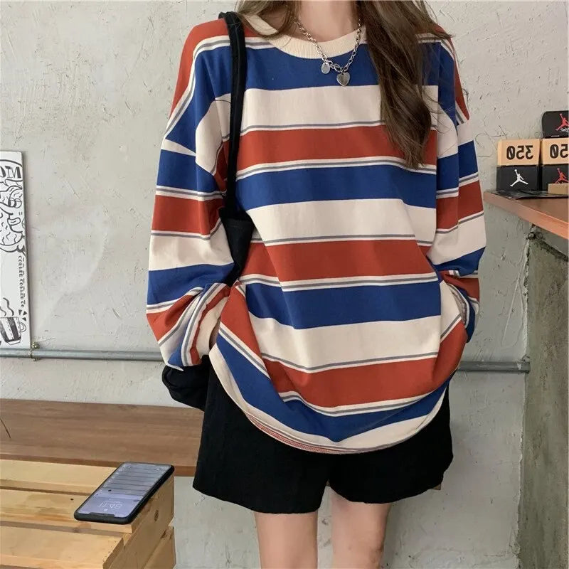 Women's Casual Long Sleeve T-shirt Fashion Stripe Printing Round Neck Loose Pullover Tops