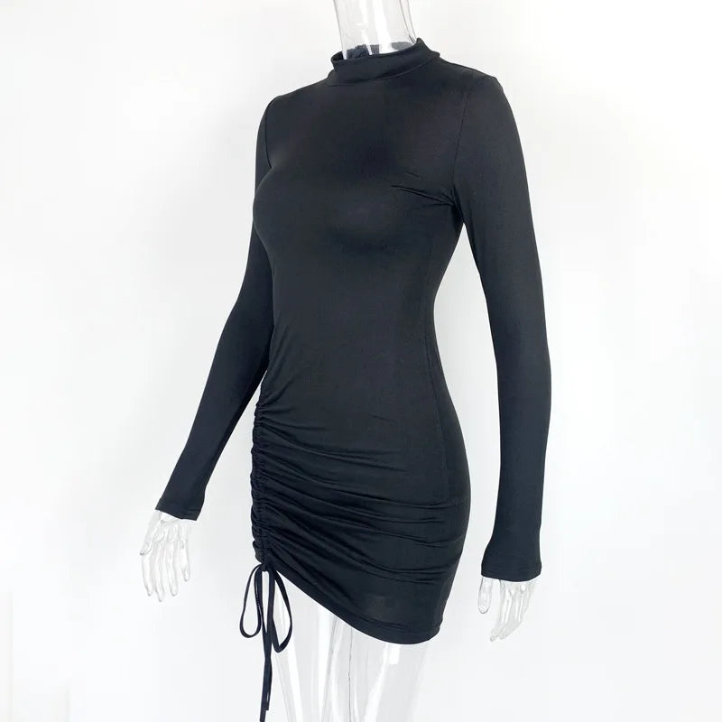 Women Black Bodycon Sexy Club Ruched Drawstring Mini Dresses Female Long Sleeve Slim Fit Party Short Vestidos 2024