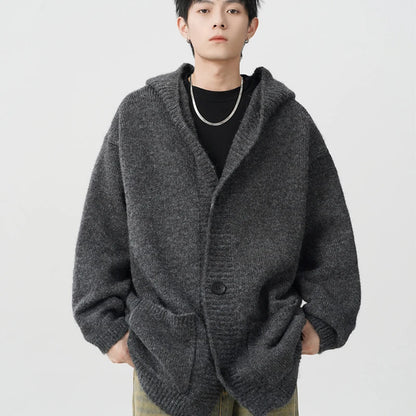 Winter Gray Woollen Knitted Cardigan Hooded Sweater Men's Pockets College Fashion Knitwear Jacket Y2K Vintage Jumpers Hombre