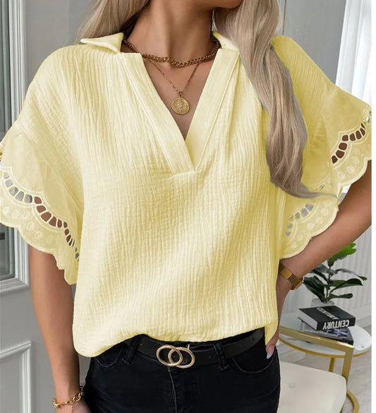 Europe and Spring and summer lace sleeve casual t-shirt V-neck lace short sleeve casual shirt