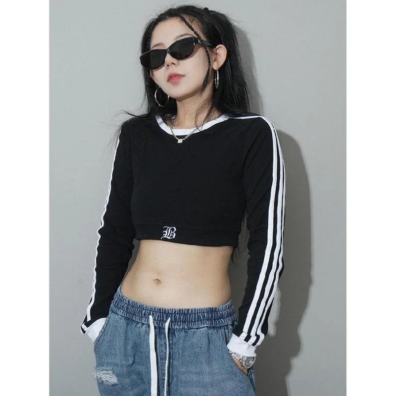 Hikigawa Chic Fashion Women Y2k Long Sleeve T-Shirt Jazz Sports Cropped Striped Contrast Color Slim Streetwear Casual Top Mujer