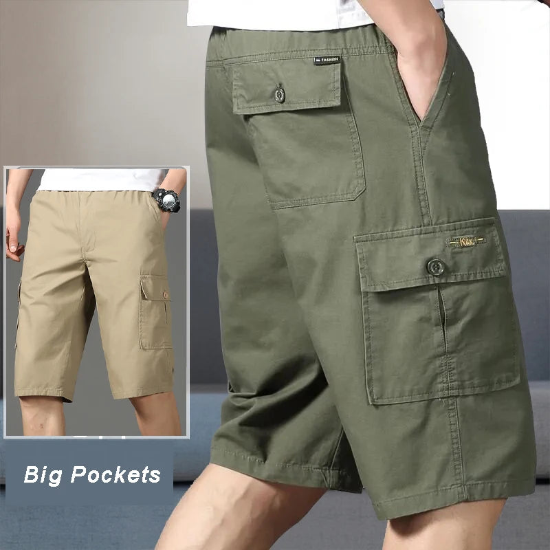 Mens Cargo Shorts Knee Pants Zipper Pocket Summer Cotton Shorts Climbing Jogger Elastic Waist Sports Wear