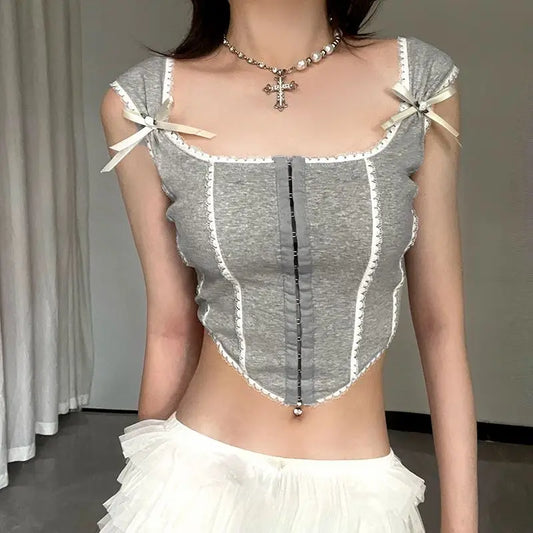 2024 New Summer Zipper Sweet and Spicy Bow, Lace Hook and Buckle Suspender Vest, Knitted Thread Slim Fit Spicy Girl Top